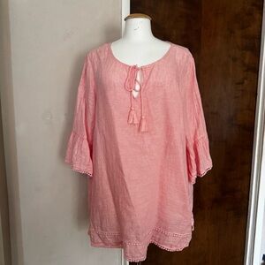 Tahari Shirt 100% Linen Tassel Tie Flare Sleeve minimalist earth sustainable